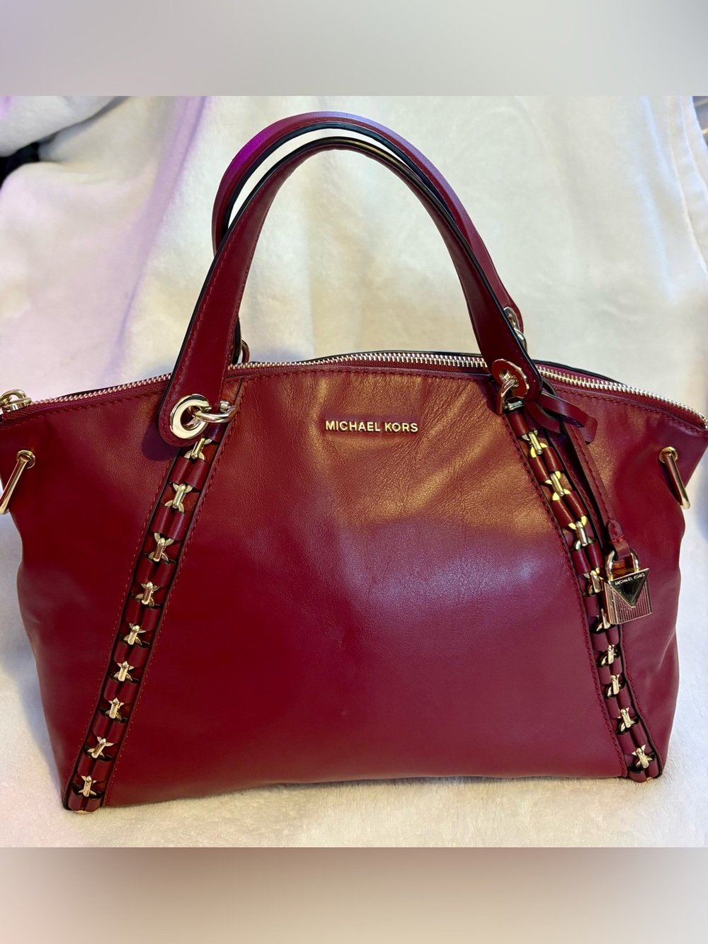 Michael Kors Burgundy Sadie Satchel - Strawberry Bag Charm - No Crossbody Strap